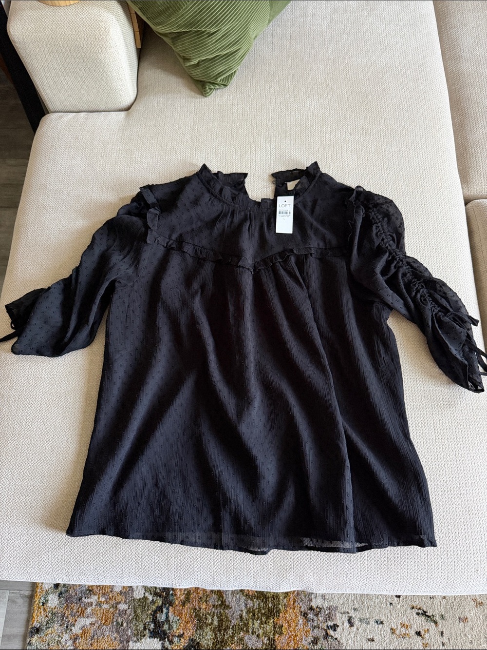 LOFT Black Swiss Dot Ruffle-Neck Blouse